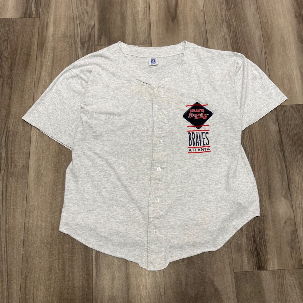 Vintage Logo 7 Atlanta Braves Baseball Jersey Gray Embroidered Made in USA XL